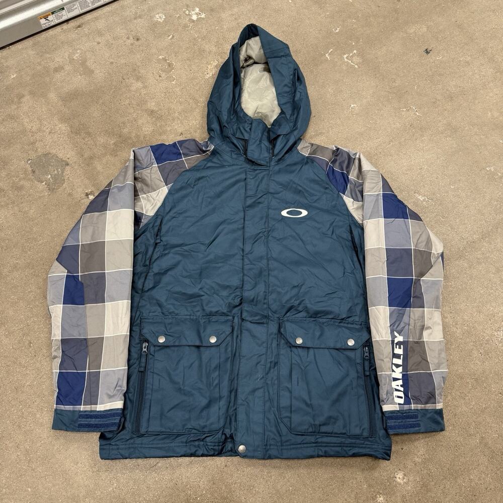OAKLEY BONK SKI SNOWBOARD JACKET WINTER MEN BLUE MEDIUM PLAID HOODED WATERPROOF
